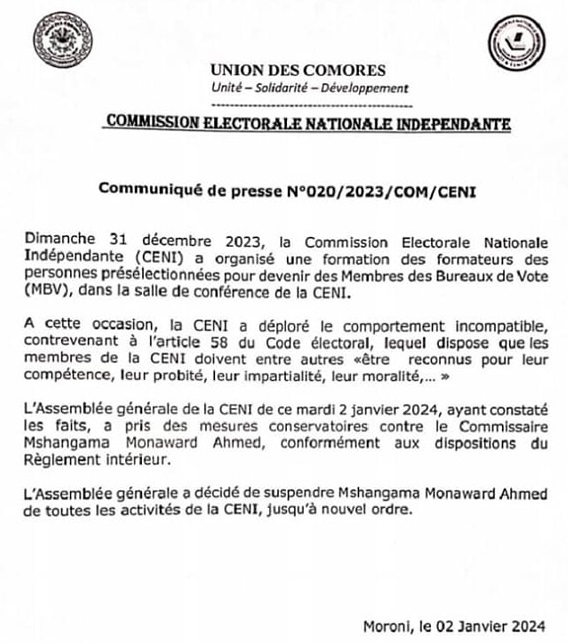 image Elections 2024 Un membre de la Commission électorale suspendue pour faute grave
