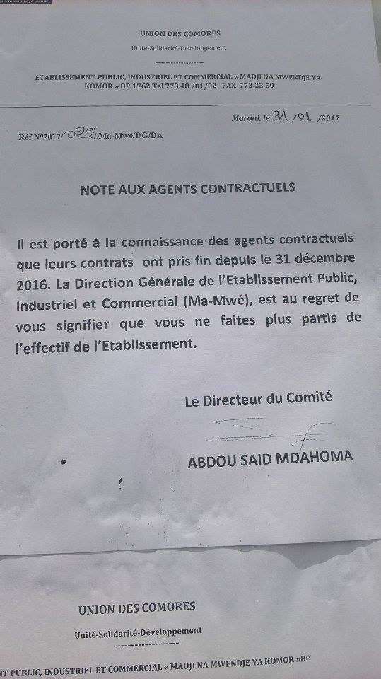 Ma-mwe / Une soixantaine de contractuels mis à la porte