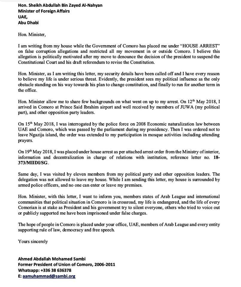 image Sambi écrit au chef de la diplomatie des Emirats /  La lettre qui provoque la colère de Beit-Salam